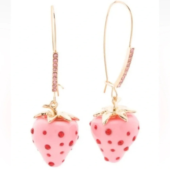 BETSEY JOHNSON Pink Enamel & Red Crystals Strawberry Dangle Earrings NEW NWT - Picture 3 of 5